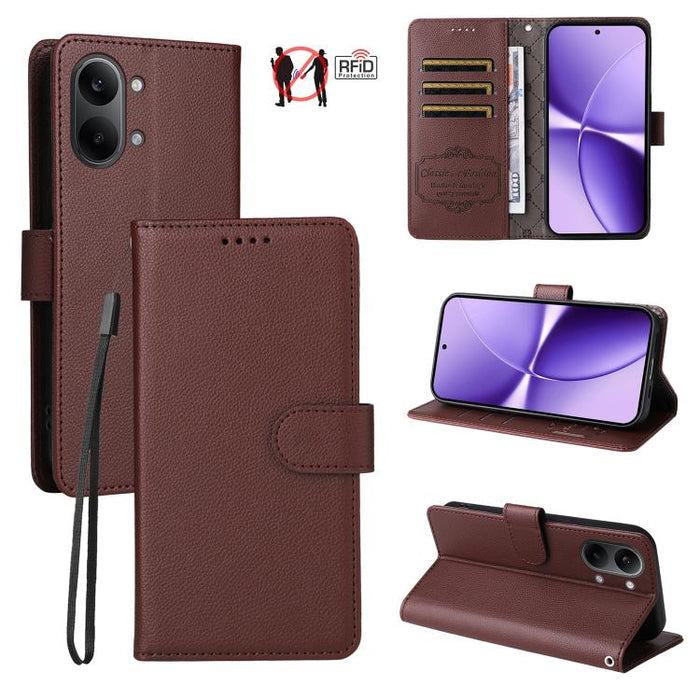 Funda de cuero para teléfono con forma de cartera de 3 tarjetas con bloqueo RFID y textura de lichi, For Redmi 15a 5G, For Redmi Turbo 5 Max 5G / Poco X8 Pro Max 5G, For Redmi Turbo 5 5G / Poco X8 Pro 5G, For Redmi Note 15 Pro+ 5G Global 163.3mm       ...