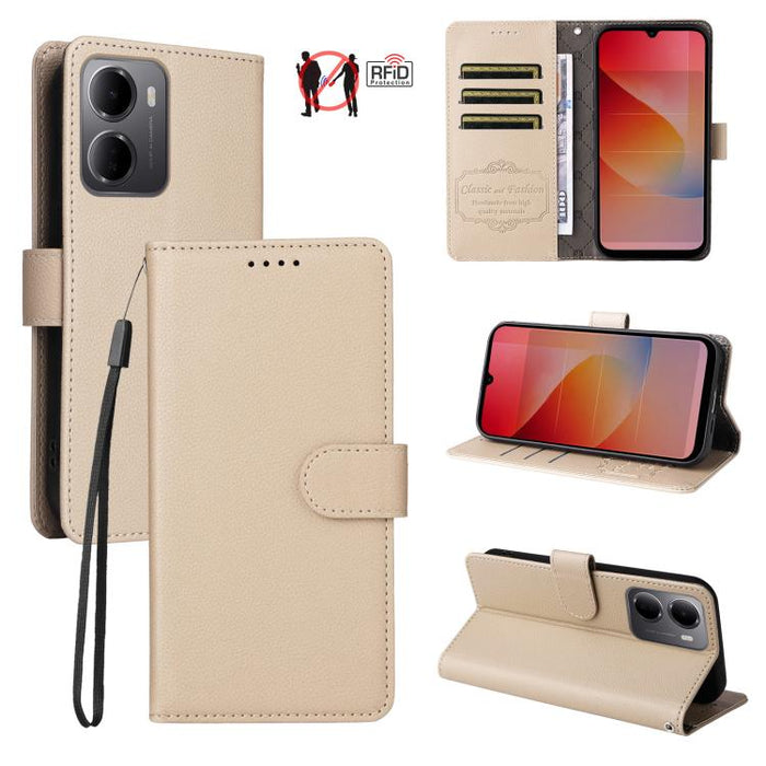 Funda de cuero para teléfono con forma de cartera de 3 tarjetas con bloqueo RFID y textura de lichi, For Redmi 15a 5G, For Redmi Turbo 5 Max 5G / Poco X8 Pro Max 5G, For Redmi Turbo 5 5G / Poco X8 Pro 5G, For Redmi Note 15 Pro+ 5G Global 163.3mm       ...
