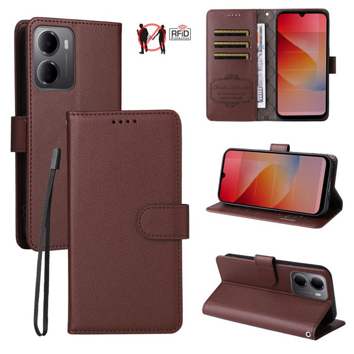 Funda de cuero para teléfono con forma de cartera de 3 tarjetas con bloqueo RFID y textura de lichi, For Redmi 15a 5G, For Redmi Turbo 5 Max 5G / Poco X8 Pro Max 5G, For Redmi Turbo 5 5G / Poco X8 Pro 5G, For Redmi Note 15 Pro+ 5G Global 163.3mm       ...