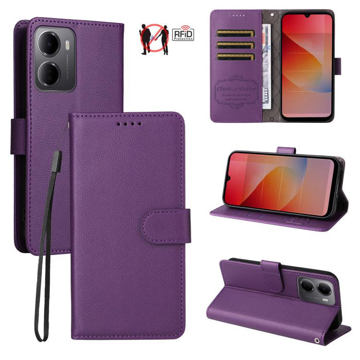 Funda de cuero para teléfono con forma de cartera de 3 tarjetas con bloqueo RFID y textura de lichi, For Redmi 15a 5G, For Redmi Turbo 5 Max 5G / Poco X8 Pro Max 5G, For Redmi Turbo 5 5G / Poco X8 Pro 5G, For Redmi Note 15 Pro+ 5G Global 163.3mm       ...