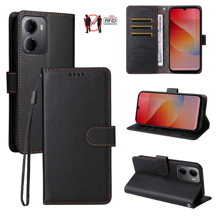 Funda de cuero para teléfono con forma de cartera de 3 tarjetas con bloqueo RFID y textura de lichi, For Redmi 15a 5G, For Redmi Turbo 5 Max 5G / Poco X8 Pro Max 5G, For Redmi Turbo 5 5G / Poco X8 Pro 5G, For Redmi Note 15 Pro+ 5G Global 163.3mm       ...