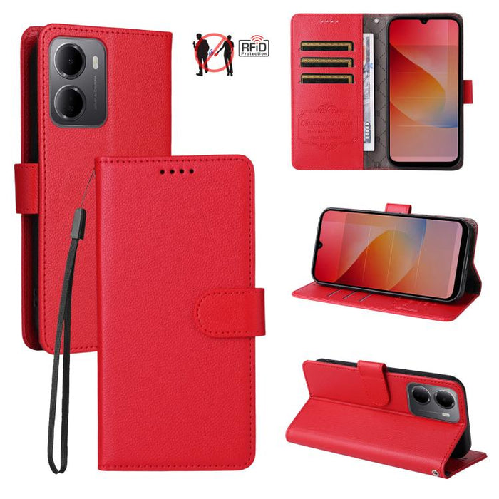Funda de cuero para teléfono con forma de cartera de 3 tarjetas con bloqueo RFID y textura de lichi, For Redmi 15a 5G, For Redmi Turbo 5 Max 5G / Poco X8 Pro Max 5G, For Redmi Turbo 5 5G / Poco X8 Pro 5G, For Redmi Note 15 Pro+ 5G Global 163.3mm       ...