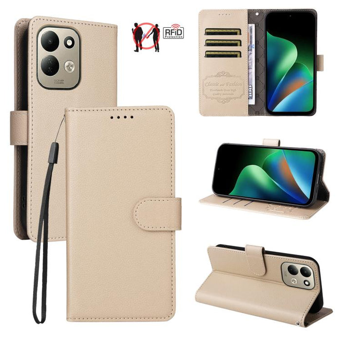 Funda de cuero para teléfono con forma de cartera de 3 tarjetas con bloqueo RFID y textura de lichi, For Redmi 15a 5G, For Redmi Turbo 5 Max 5G / Poco X8 Pro Max 5G, For Redmi Turbo 5 5G / Poco X8 Pro 5G, For Redmi Note 15 Pro+ 5G Global 163.3mm       ...