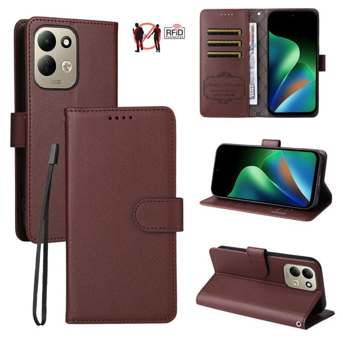 Funda de cuero para teléfono con forma de cartera de 3 tarjetas con bloqueo RFID y textura de lichi, For Redmi 15a 5G, For Redmi Turbo 5 Max 5G / Poco X8 Pro Max 5G, For Redmi Turbo 5 5G / Poco X8 Pro 5G, For Redmi Note 15 Pro+ 5G Global 163.3mm       ...