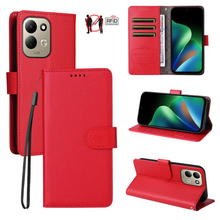 Funda de cuero para teléfono con forma de cartera de 3 tarjetas con bloqueo RFID y textura de lichi, For Redmi 15a 5G, For Redmi Turbo 5 Max 5G / Poco X8 Pro Max 5G, For Redmi Turbo 5 5G / Poco X8 Pro 5G, For Redmi Note 15 Pro+ 5G Global 163.3mm       ...