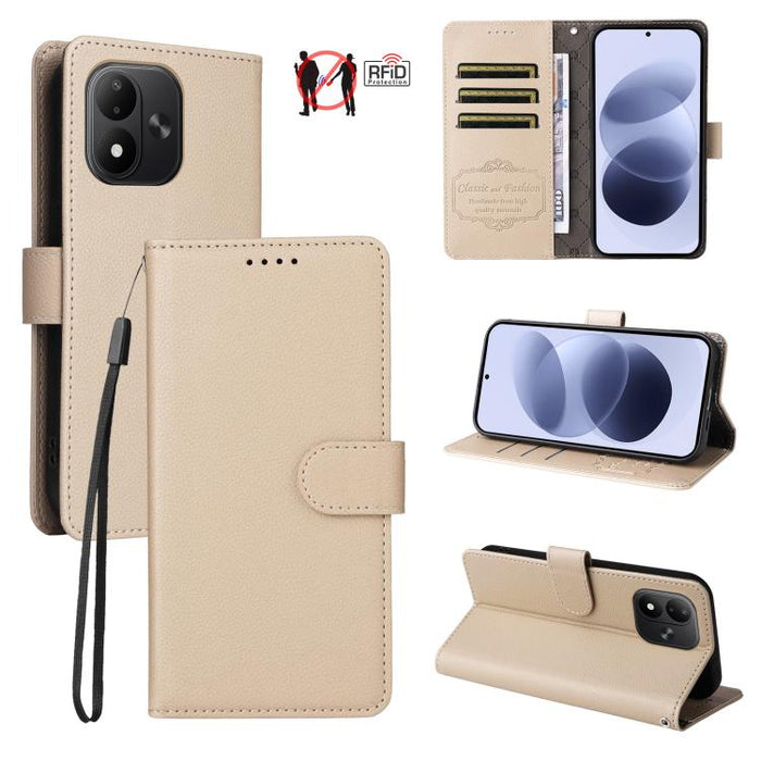 Funda de cuero para teléfono con forma de cartera de 3 tarjetas con bloqueo RFID y textura de lichi, For Redmi 15a 5G, For Redmi Turbo 5 Max 5G / Poco X8 Pro Max 5G, For Redmi Turbo 5 5G / Poco X8 Pro 5G, For Redmi Note 15 Pro+ 5G Global 163.3mm       ...