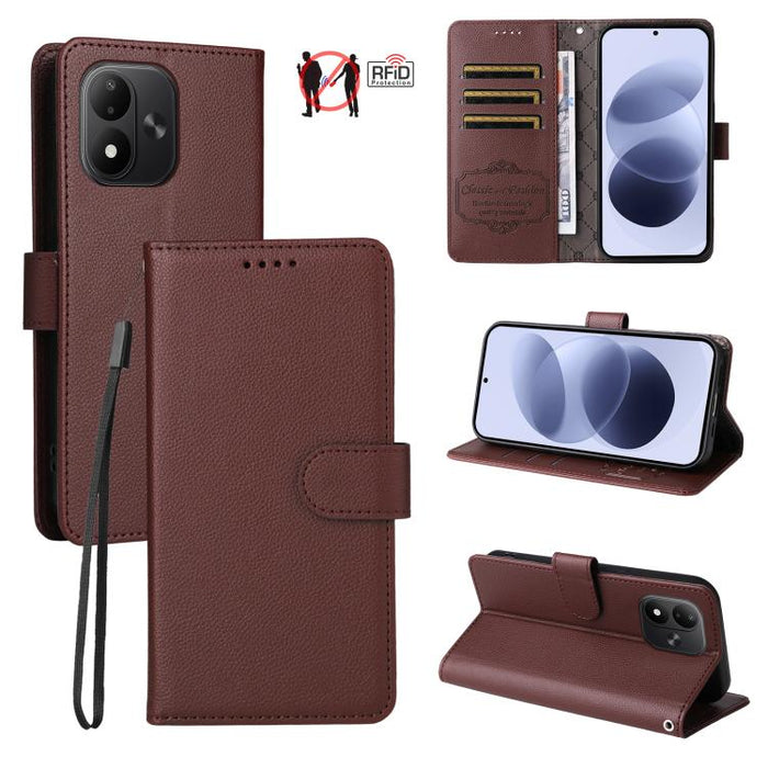 Funda de cuero para teléfono con forma de cartera de 3 tarjetas con bloqueo RFID y textura de lichi, For Redmi 15a 5G, For Redmi Turbo 5 Max 5G / Poco X8 Pro Max 5G, For Redmi Turbo 5 5G / Poco X8 Pro 5G, For Redmi Note 15 Pro+ 5G Global 163.3mm       ...