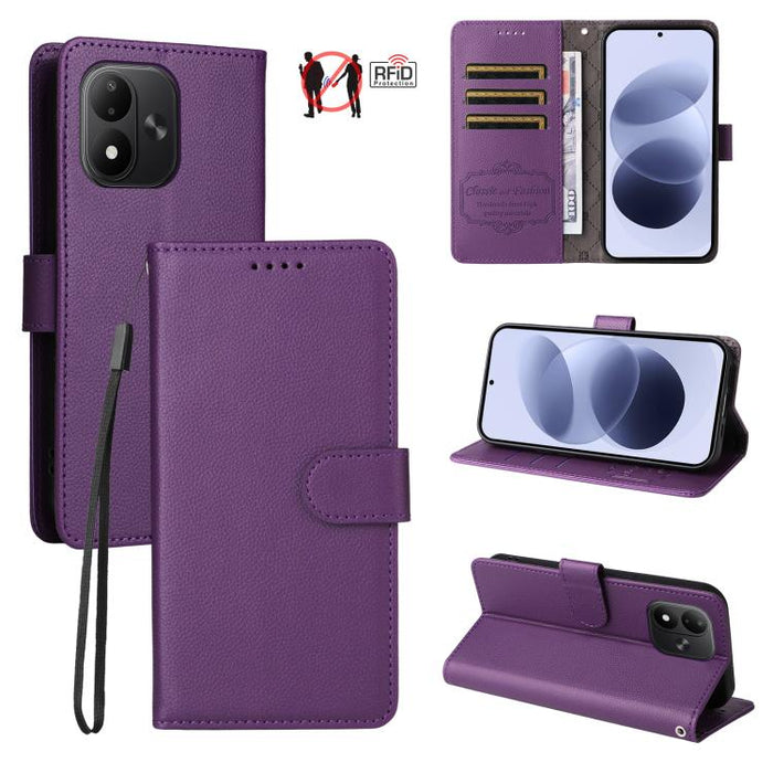 Funda de cuero para teléfono con forma de cartera de 3 tarjetas con bloqueo RFID y textura de lichi, For Redmi 15a 5G, For Redmi Turbo 5 Max 5G / Poco X8 Pro Max 5G, For Redmi Turbo 5 5G / Poco X8 Pro 5G, For Redmi Note 15 Pro+ 5G Global 163.3mm       ...