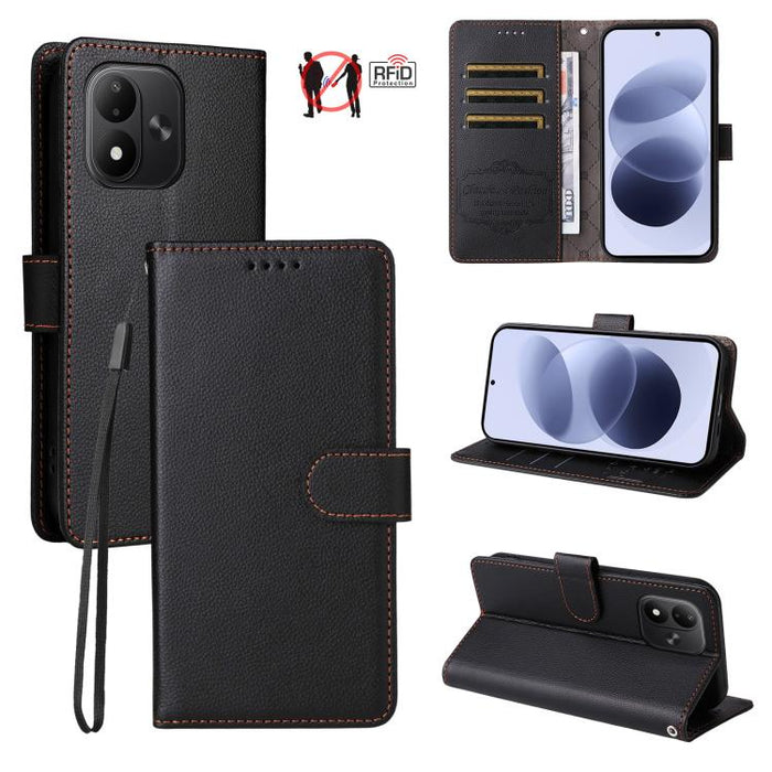 Funda de cuero para teléfono con forma de cartera de 3 tarjetas con bloqueo RFID y textura de lichi, For Redmi 15a 5G, For Redmi Turbo 5 Max 5G / Poco X8 Pro Max 5G, For Redmi Turbo 5 5G / Poco X8 Pro 5G, For Redmi Note 15 Pro+ 5G Global 163.3mm       ...