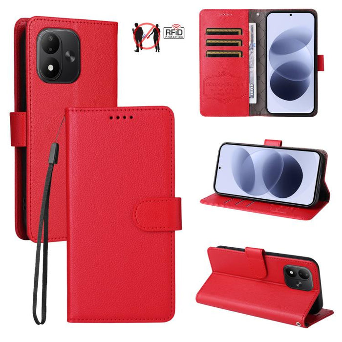 Funda de cuero para teléfono con forma de cartera de 3 tarjetas con bloqueo RFID y textura de lichi, For Redmi 15a 5G, For Redmi Turbo 5 Max 5G / Poco X8 Pro Max 5G, For Redmi Turbo 5 5G / Poco X8 Pro 5G, For Redmi Note 15 Pro+ 5G Global 163.3mm       ...