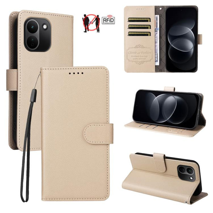 Funda de cuero para teléfono con forma de cartera de 3 tarjetas con bloqueo RFID y textura de lichi, For Redmi 15a 5G, For Redmi Turbo 5 Max 5G / Poco X8 Pro Max 5G, For Redmi Turbo 5 5G / Poco X8 Pro 5G, For Redmi Note 15 Pro+ 5G Global 163.3mm       ...