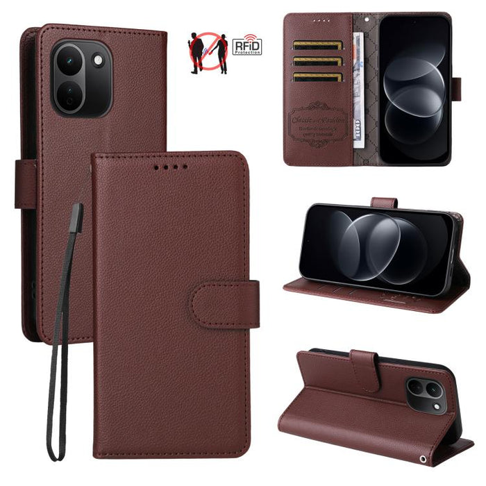 Funda de cuero para teléfono con forma de cartera de 3 tarjetas con bloqueo RFID y textura de lichi, For Redmi 15a 5G, For Redmi Turbo 5 Max 5G / Poco X8 Pro Max 5G, For Redmi Turbo 5 5G / Poco X8 Pro 5G, For Redmi Note 15 Pro+ 5G Global 163.3mm       ...