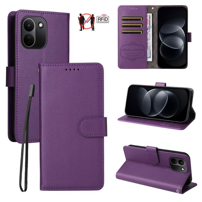 Funda de cuero para teléfono con forma de cartera de 3 tarjetas con bloqueo RFID y textura de lichi, For Redmi 15a 5G, For Redmi Turbo 5 Max 5G / Poco X8 Pro Max 5G, For Redmi Turbo 5 5G / Poco X8 Pro 5G, For Redmi Note 15 Pro+ 5G Global 163.3mm       ...