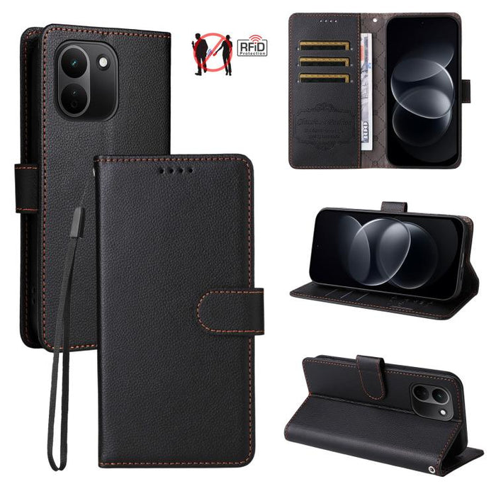 Funda de cuero para teléfono con forma de cartera de 3 tarjetas con bloqueo RFID y textura de lichi, For Redmi 15a 5G, For Redmi Turbo 5 Max 5G / Poco X8 Pro Max 5G, For Redmi Turbo 5 5G / Poco X8 Pro 5G, For Redmi Note 15 Pro+ 5G Global 163.3mm       ...