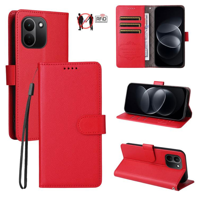 Funda de cuero para teléfono con forma de cartera de 3 tarjetas con bloqueo RFID y textura de lichi, For Redmi 15a 5G, For Redmi Turbo 5 Max 5G / Poco X8 Pro Max 5G, For Redmi Turbo 5 5G / Poco X8 Pro 5G, For Redmi Note 15 Pro+ 5G Global 163.3mm       ...