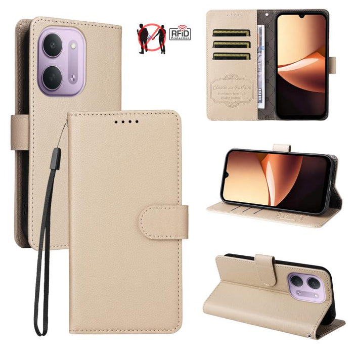 Funda de cuero para teléfono con forma de cartera de 3 tarjetas con bloqueo RFID y textura de lichi, For Redmi 15a 5G, For Redmi Turbo 5 Max 5G / Poco X8 Pro Max 5G, For Redmi Turbo 5 5G / Poco X8 Pro 5G, For Redmi Note 15 Pro+ 5G Global 163.3mm       ...
