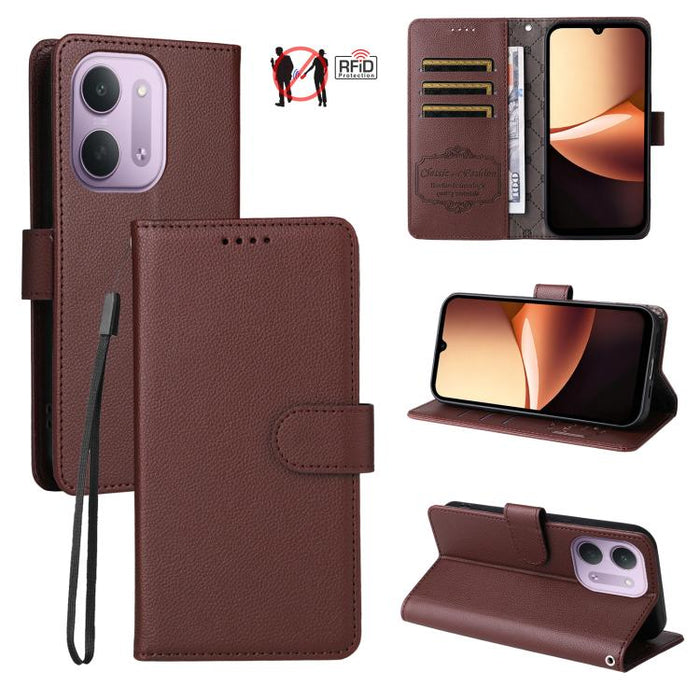 Funda de cuero para teléfono con forma de cartera de 3 tarjetas con bloqueo RFID y textura de lichi, For Redmi 15a 5G, For Redmi Turbo 5 Max 5G / Poco X8 Pro Max 5G, For Redmi Turbo 5 5G / Poco X8 Pro 5G, For Redmi Note 15 Pro+ 5G Global 163.3mm       ...