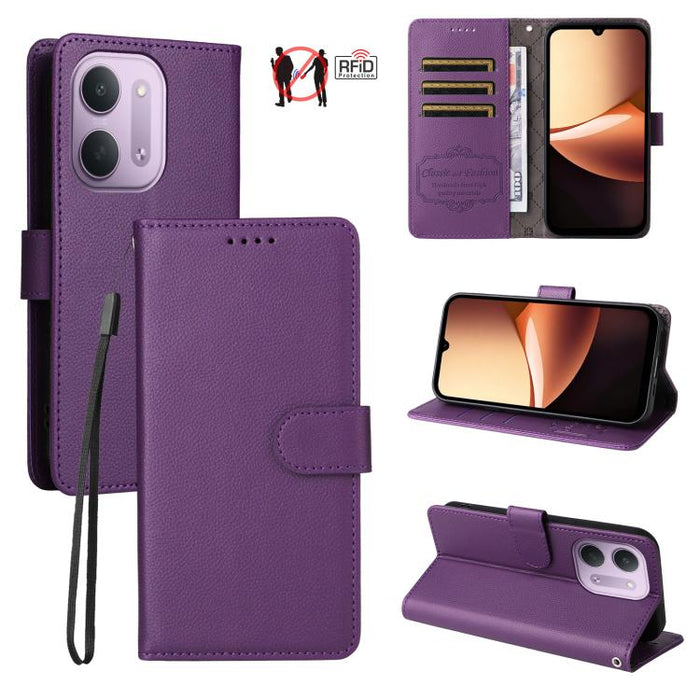 Funda de cuero para teléfono con forma de cartera de 3 tarjetas con bloqueo RFID y textura de lichi, For Redmi 15a 5G, For Redmi Turbo 5 Max 5G / Poco X8 Pro Max 5G, For Redmi Turbo 5 5G / Poco X8 Pro 5G, For Redmi Note 15 Pro+ 5G Global 163.3mm       ...