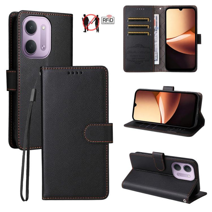 Funda de cuero para teléfono con forma de cartera de 3 tarjetas con bloqueo RFID y textura de lichi, For Redmi 15a 5G, For Redmi Turbo 5 Max 5G / Poco X8 Pro Max 5G, For Redmi Turbo 5 5G / Poco X8 Pro 5G, For Redmi Note 15 Pro+ 5G Global 163.3mm       ...