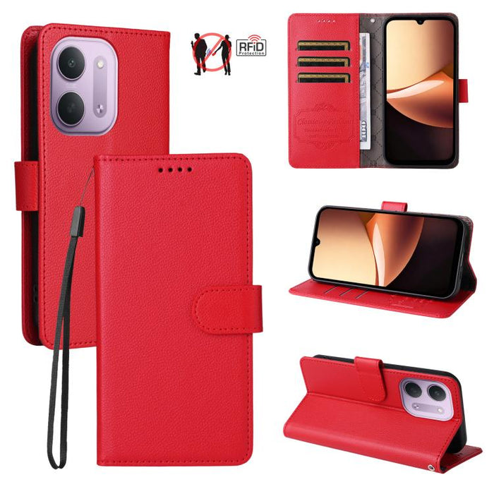Funda de cuero para teléfono con forma de cartera de 3 tarjetas con bloqueo RFID y textura de lichi, For Redmi 15a 5G, For Redmi Turbo 5 Max 5G / Poco X8 Pro Max 5G, For Redmi Turbo 5 5G / Poco X8 Pro 5G, For Redmi Note 15 Pro+ 5G Global 163.3mm       ...