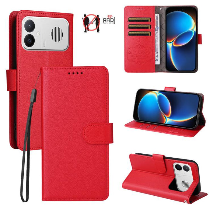 Funda de cuero para teléfono con forma de cartera de 3 tarjetas con bloqueo RFID y textura de lichi, For Redmi 15a 5G, For Redmi Turbo 5 Max 5G / Poco X8 Pro Max 5G, For Redmi Turbo 5 5G / Poco X8 Pro 5G, For Redmi Note 15 Pro+ 5G Global 163.3mm       ...