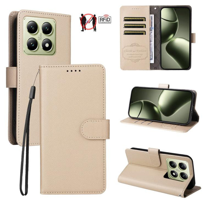 Funda de cuero para teléfono con forma de cartera de 3 tarjetas con bloqueo RFID y textura de lichi, For Xiaomi 17 Max 5G, For Xiaomi 17T Pro 5G, For Xiaomi 17T 5G, For Xiaomi 17 Ultra, For Xiaomi Poco M7 4G 169mm, For Xiaomi Poco M7 4G 171mm          ...