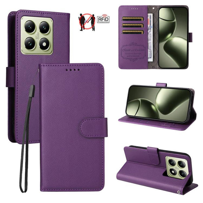 Funda de cuero para teléfono con forma de cartera de 3 tarjetas con bloqueo RFID y textura de lichi, For Xiaomi 17 Max 5G, For Xiaomi 17T Pro 5G, For Xiaomi 17T 5G, For Xiaomi 17 Ultra, For Xiaomi Poco M7 4G 169mm, For Xiaomi Poco M7 4G 171mm          ...