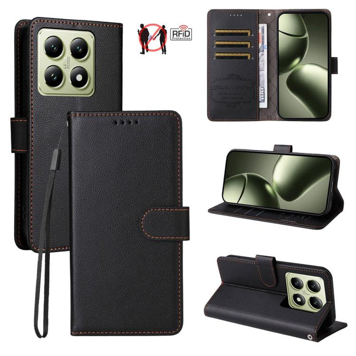 Funda de cuero para teléfono con forma de cartera de 3 tarjetas con bloqueo RFID y textura de lichi, For Xiaomi 17 Max 5G, For Xiaomi 17T Pro 5G, For Xiaomi 17T 5G, For Xiaomi 17 Ultra, For Xiaomi Poco M7 4G 169mm, For Xiaomi Poco M7 4G 171mm          ...
