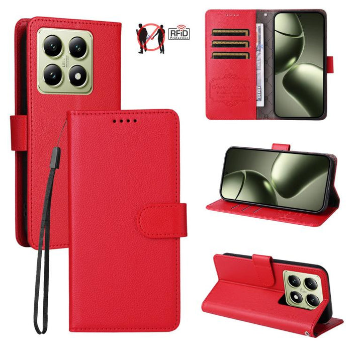 Funda de cuero para teléfono con forma de cartera de 3 tarjetas con bloqueo RFID y textura de lichi, For Xiaomi 17 Max 5G, For Xiaomi 17T Pro 5G, For Xiaomi 17T 5G, For Xiaomi 17 Ultra, For Xiaomi Poco M7 4G 169mm, For Xiaomi Poco M7 4G 171mm          ...
