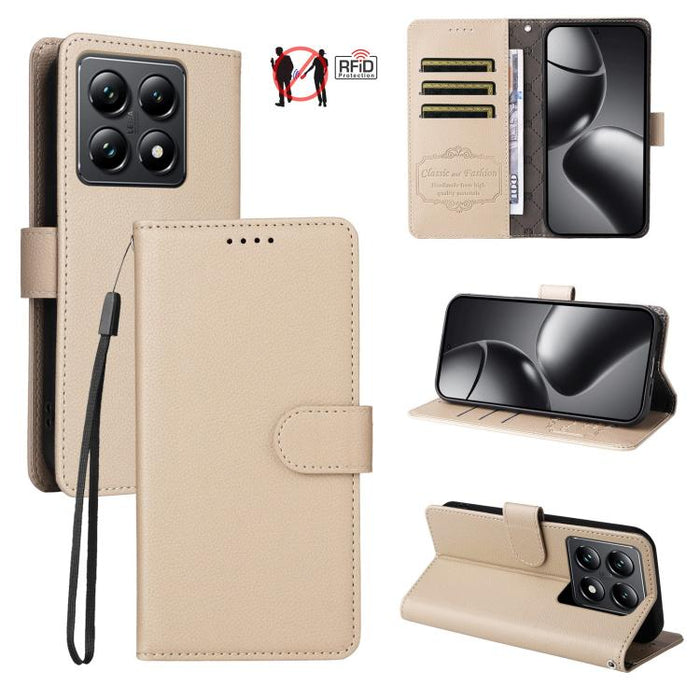 Funda de cuero para teléfono con forma de cartera de 3 tarjetas con bloqueo RFID y textura de lichi, For Xiaomi 17 Max 5G, For Xiaomi 17T Pro 5G, For Xiaomi 17T 5G, For Xiaomi 17 Ultra, For Xiaomi Poco M7 4G 169mm, For Xiaomi Poco M7 4G 171mm          ...
