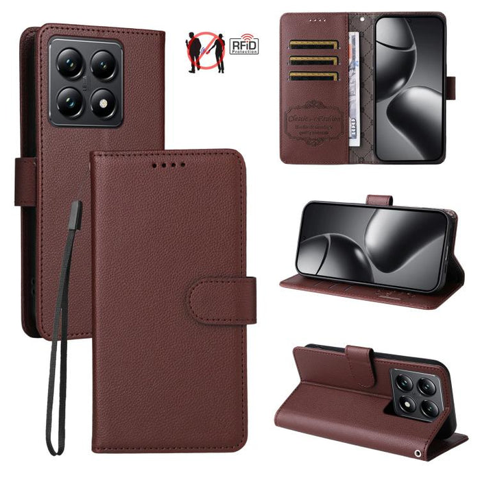 Funda de cuero para teléfono con forma de cartera de 3 tarjetas con bloqueo RFID y textura de lichi, For Xiaomi 17 Max 5G, For Xiaomi 17T Pro 5G, For Xiaomi 17T 5G, For Xiaomi 17 Ultra, For Xiaomi Poco M7 4G 169mm, For Xiaomi Poco M7 4G 171mm          ...
