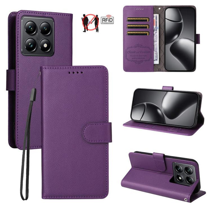 Funda de cuero para teléfono con forma de cartera de 3 tarjetas con bloqueo RFID y textura de lichi, For Xiaomi 17 Max 5G, For Xiaomi 17T Pro 5G, For Xiaomi 17T 5G, For Xiaomi 17 Ultra, For Xiaomi Poco M7 4G 169mm, For Xiaomi Poco M7 4G 171mm          ...