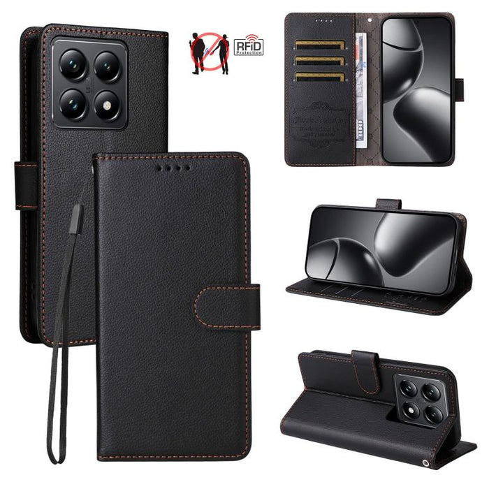 Funda de cuero para teléfono con forma de cartera de 3 tarjetas con bloqueo RFID y textura de lichi, For Xiaomi 17 Max 5G, For Xiaomi 17T Pro 5G, For Xiaomi 17T 5G, For Xiaomi 17 Ultra, For Xiaomi Poco M7 4G 169mm, For Xiaomi Poco M7 4G 171mm          ...
