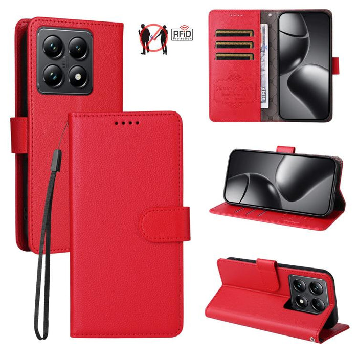 Funda de cuero para teléfono con forma de cartera de 3 tarjetas con bloqueo RFID y textura de lichi, For Xiaomi 17 Max 5G, For Xiaomi 17T Pro 5G, For Xiaomi 17T 5G, For Xiaomi 17 Ultra, For Xiaomi Poco M7 4G 169mm, For Xiaomi Poco M7 4G 171mm          ...