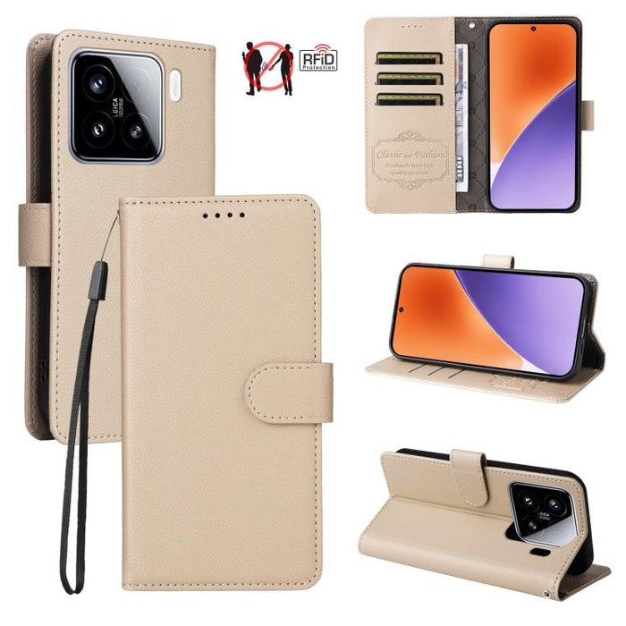 Funda de cuero para teléfono con forma de cartera de 3 tarjetas con bloqueo RFID y textura de lichi, For Xiaomi 17 Max 5G, For Xiaomi 17T Pro 5G, For Xiaomi 17T 5G, For Xiaomi 17 Ultra, For Xiaomi Poco M7 4G 169mm, For Xiaomi Poco M7 4G 171mm          ...