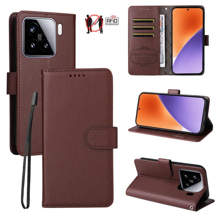 Funda de cuero para teléfono con forma de cartera de 3 tarjetas con bloqueo RFID y textura de lichi, For Xiaomi 17 Max 5G, For Xiaomi 17T Pro 5G, For Xiaomi 17T 5G, For Xiaomi 17 Ultra, For Xiaomi Poco M7 4G 169mm, For Xiaomi Poco M7 4G 171mm          ...