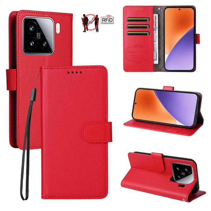 Funda de cuero para teléfono con forma de cartera de 3 tarjetas con bloqueo RFID y textura de lichi, For Xiaomi 17 Max 5G, For Xiaomi 17T Pro 5G, For Xiaomi 17T 5G, For Xiaomi 17 Ultra, For Xiaomi Poco M7 4G 169mm, For Xiaomi Poco M7 4G 171mm          ...