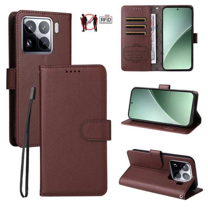Funda de cuero para teléfono con forma de cartera de 3 tarjetas con bloqueo RFID y textura de lichi, For Xiaomi 17 Max 5G, For Xiaomi 17T Pro 5G, For Xiaomi 17T 5G, For Xiaomi 17 Ultra, For Xiaomi Poco M7 4G 169mm, For Xiaomi Poco M7 4G 171mm          ...