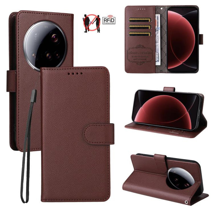 Funda de cuero para teléfono con forma de cartera de 3 tarjetas con bloqueo RFID y textura de lichi, For Xiaomi 17 Max 5G, For Xiaomi 17T Pro 5G, For Xiaomi 17T 5G, For Xiaomi 17 Ultra, For Xiaomi Poco M7 4G 169mm, For Xiaomi Poco M7 4G 171mm          ...