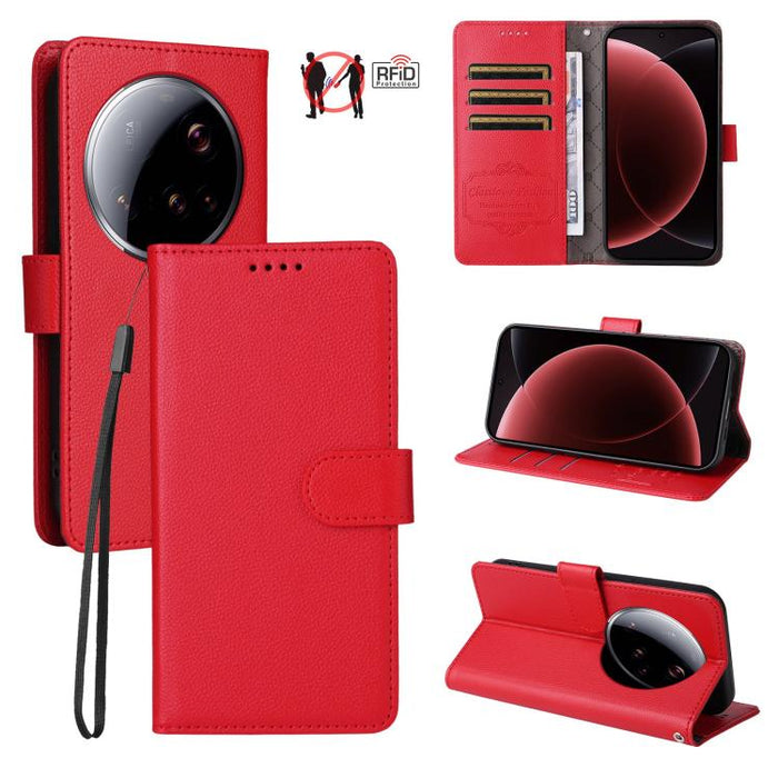 Funda de cuero para teléfono con forma de cartera de 3 tarjetas con bloqueo RFID y textura de lichi, For Xiaomi 17 Max 5G, For Xiaomi 17T Pro 5G, For Xiaomi 17T 5G, For Xiaomi 17 Ultra, For Xiaomi Poco M7 4G 169mm, For Xiaomi Poco M7 4G 171mm          ...