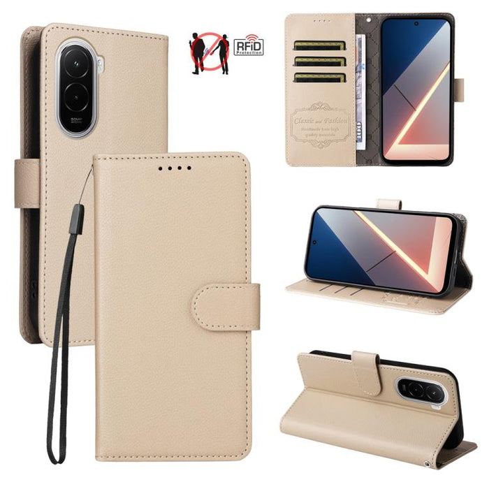 Funda de cuero para teléfono con forma de cartera de 3 tarjetas con bloqueo RFID y textura de lichi, For Xiaomi 17 Max 5G, For Xiaomi 17T Pro 5G, For Xiaomi 17T 5G, For Xiaomi 17 Ultra, For Xiaomi Poco M7 4G 169mm, For Xiaomi Poco M7 4G 171mm          ...