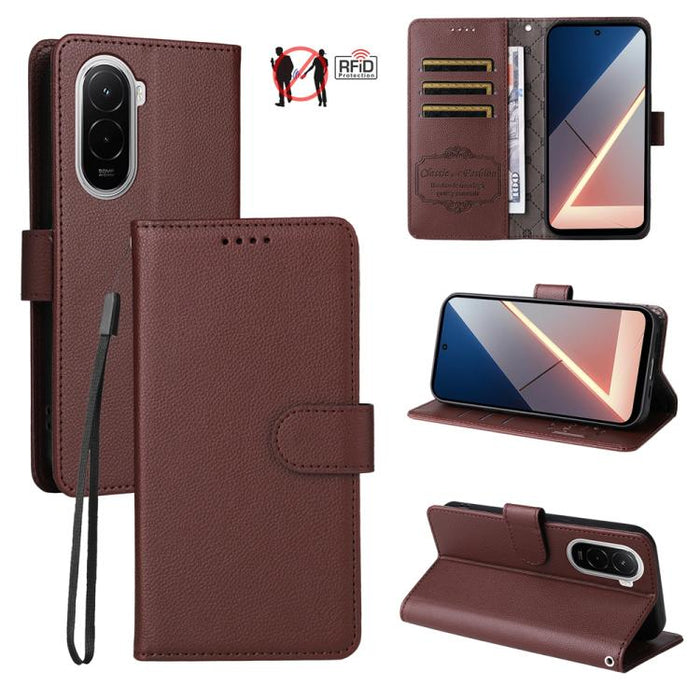 Funda de cuero para teléfono con forma de cartera de 3 tarjetas con bloqueo RFID y textura de lichi, For Xiaomi 17 Max 5G, For Xiaomi 17T Pro 5G, For Xiaomi 17T 5G, For Xiaomi 17 Ultra, For Xiaomi Poco M7 4G 169mm, For Xiaomi Poco M7 4G 171mm          ...