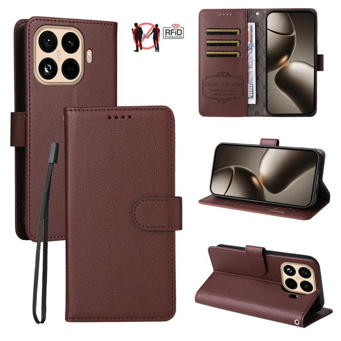 Funda de cuero para teléfono con forma de cartera de 3 tarjetas con bloqueo RFID y textura de lichi, For Xiaomi 17 Max 5G, For Xiaomi 17T Pro 5G, For Xiaomi 17T 5G, For Xiaomi 17 Ultra, For Xiaomi Poco M7 4G 169mm, For Xiaomi Poco M7 4G 171mm          ...