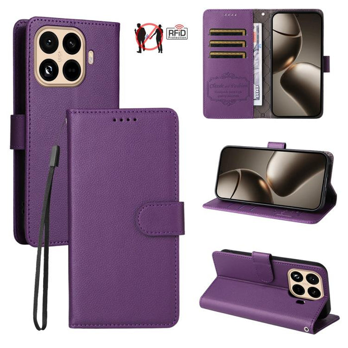 Funda de cuero para teléfono con forma de cartera de 3 tarjetas con bloqueo RFID y textura de lichi, For Xiaomi 17 Max 5G, For Xiaomi 17T Pro 5G, For Xiaomi 17T 5G, For Xiaomi 17 Ultra, For Xiaomi Poco M7 4G 169mm, For Xiaomi Poco M7 4G 171mm          ...