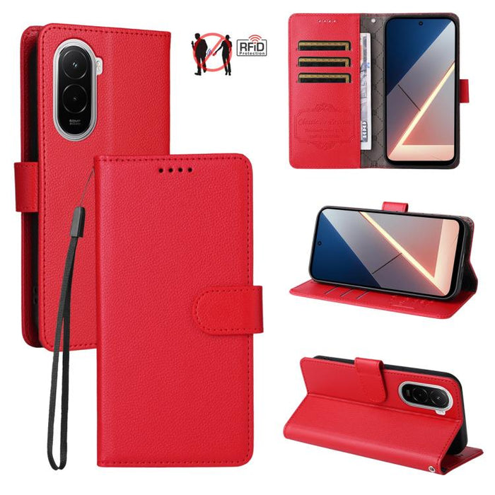 Funda de cuero para teléfono con forma de cartera de 3 tarjetas con bloqueo RFID y textura de lichi, For Xiaomi 17 Max 5G, For Xiaomi 17T Pro 5G, For Xiaomi 17T 5G, For Xiaomi 17 Ultra, For Xiaomi Poco M7 4G 169mm, For Xiaomi Poco M7 4G 171mm          ...