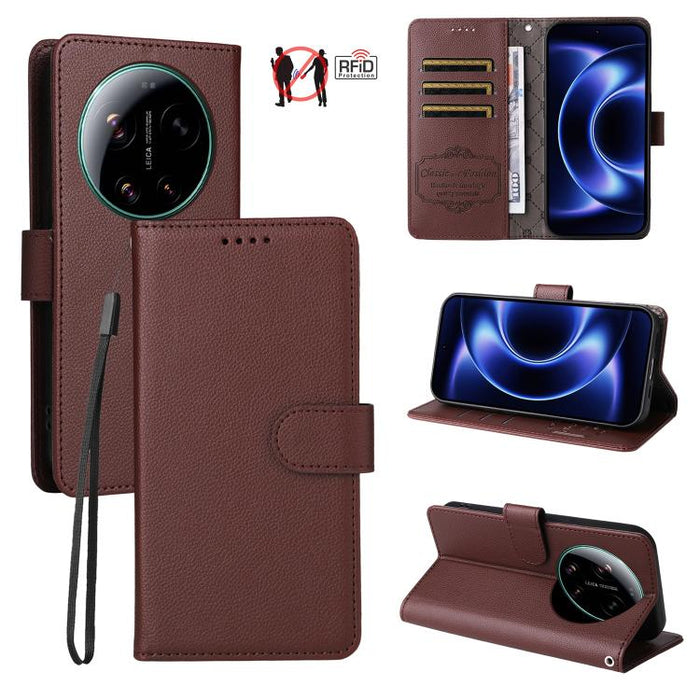 Funda de cuero para teléfono con forma de cartera de 3 tarjetas con bloqueo RFID y textura de lichi, For Xiaomi 17 Max 5G, For Xiaomi 17T Pro 5G, For Xiaomi 17T 5G, For Xiaomi 17 Ultra, For Xiaomi Poco M7 4G 169mm, For Xiaomi Poco M7 4G 171mm          ...
