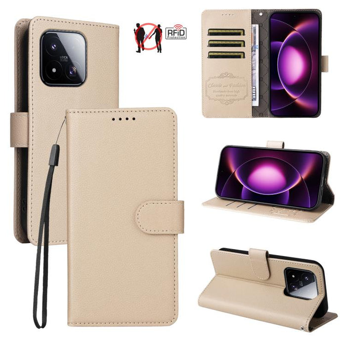 Funda de cuero para teléfono con forma de cartera de 3 tarjetas con bloqueo RFID y textura de lichi, For Xiaomi 17 Max 5G, For Xiaomi 17T Pro 5G, For Xiaomi 17T 5G, For Xiaomi 17 Ultra, For Xiaomi Poco M7 4G 169mm, For Xiaomi Poco M7 4G 171mm          ...
