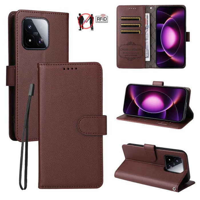 Funda de cuero para teléfono con forma de cartera de 3 tarjetas con bloqueo RFID y textura de lichi, For Xiaomi 17 Max 5G, For Xiaomi 17T Pro 5G, For Xiaomi 17T 5G, For Xiaomi 17 Ultra, For Xiaomi Poco M7 4G 169mm, For Xiaomi Poco M7 4G 171mm          ...