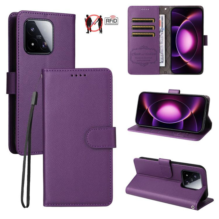 Funda de cuero para teléfono con forma de cartera de 3 tarjetas con bloqueo RFID y textura de lichi, For Xiaomi 17 Max 5G, For Xiaomi 17T Pro 5G, For Xiaomi 17T 5G, For Xiaomi 17 Ultra, For Xiaomi Poco M7 4G 169mm, For Xiaomi Poco M7 4G 171mm          ...