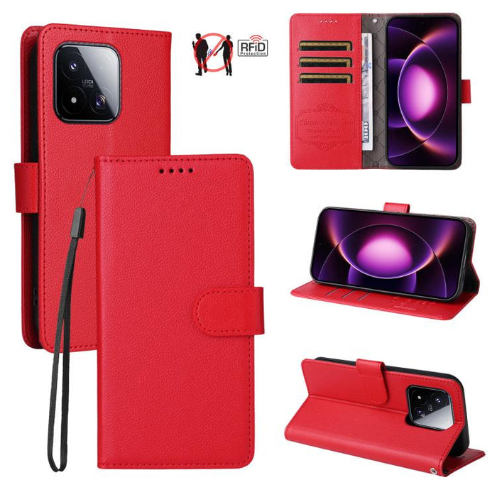 Funda de cuero para teléfono con forma de cartera de 3 tarjetas con bloqueo RFID y textura de lichi, For Xiaomi 17 Max 5G, For Xiaomi 17T Pro 5G, For Xiaomi 17T 5G, For Xiaomi 17 Ultra, For Xiaomi Poco M7 4G 169mm, For Xiaomi Poco M7 4G 171mm          ...